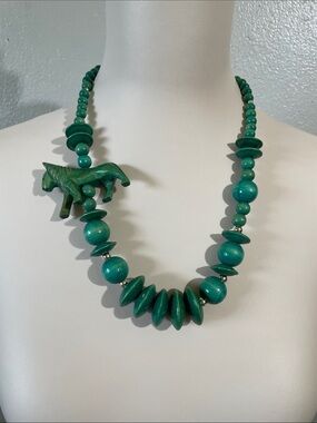 Green Lion Beaded Necklace Turquoise Tone Southwest Boho Statement Vtg Safari